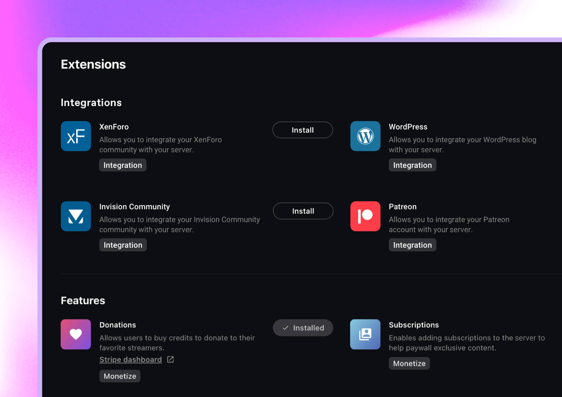 List of platform integrations that can be installed to sync with community software.