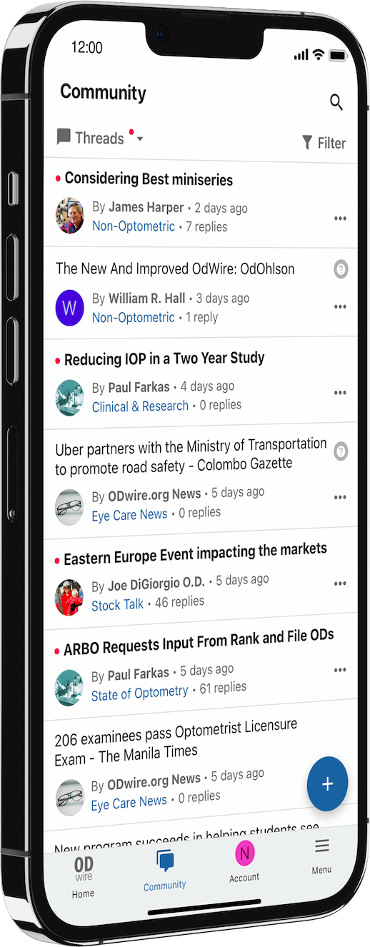 Angled mobile device with a discussion feed of recent community posts.