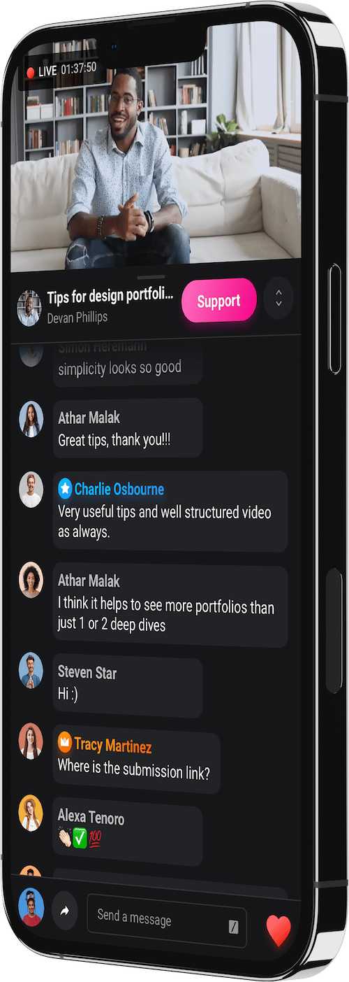 Angled mobile device with live stream currently live and showing chat history.