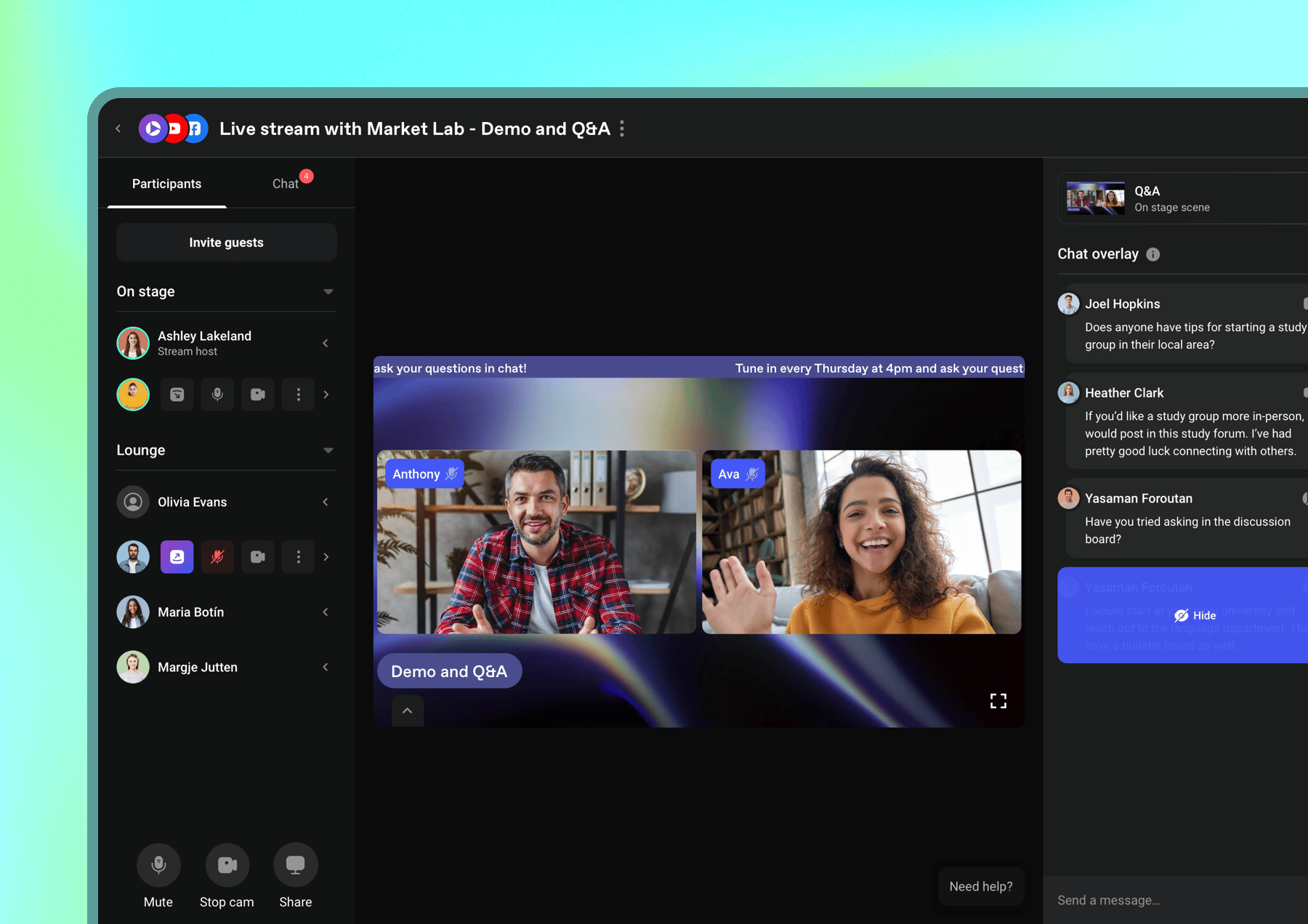 Live stream host managing participants and promoting audience chat messages to be on stream.