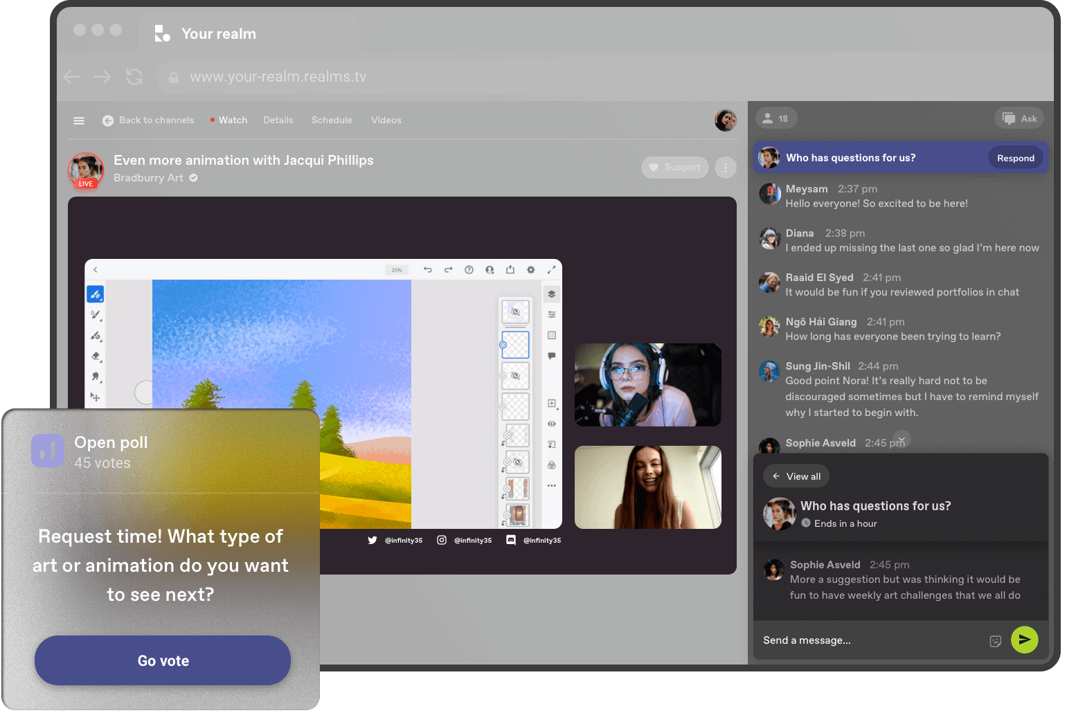 Live stream of two artists creating an illustration together with a poll asking chat what to do next.