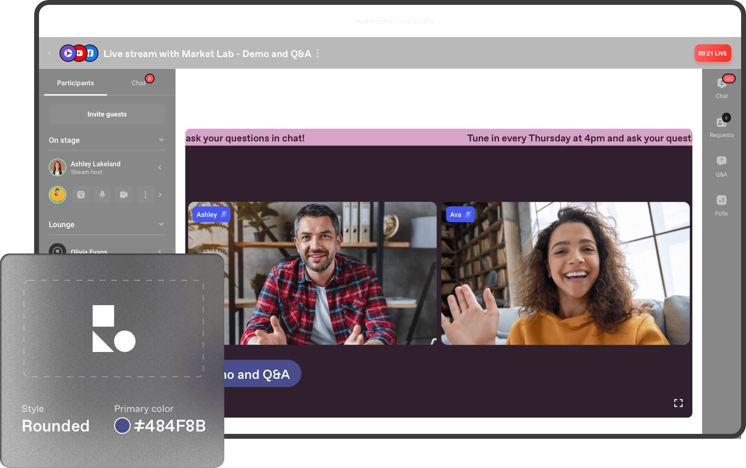 Live stream host customizing the look of the broadcast and managing participants on stream.